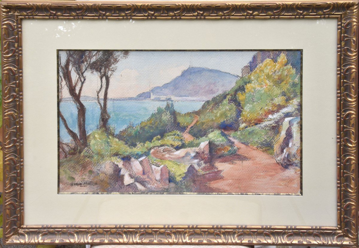 Jules Herve-mathe "cap Sicié On The "côte d'Azur"" Watercolor 33x49